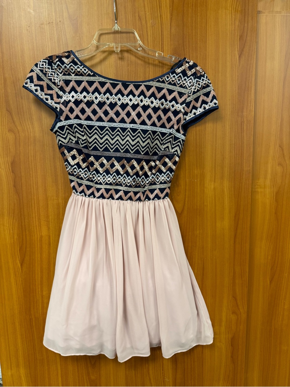 B Darlin Navy Embroidered Bodice with Blush Skirt Mini Dress